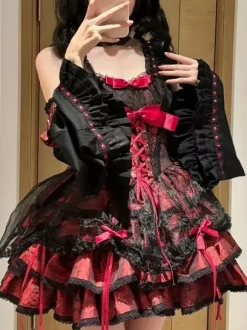 Robe Sweet Ballet Lolita rose à manches amovibles et lacets avec ras-de-cou