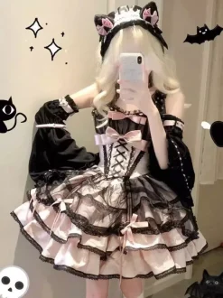 Robe Sweet Ballet Lolita rose à manches amovibles et lacets avec ras-de-cou