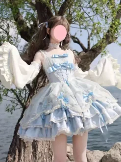 Robe Sweet Ballet Lolita rose à manches amovibles et lacets avec ras-de-cou