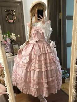 Robe Sweet Lolita avec ceinture en dentelle et volants longueur thé.
