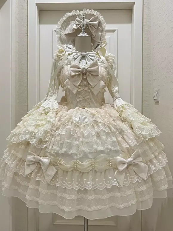 Robe Sweet Lolita blanche sans manches en dentelle à volants JSK Hime Lolita