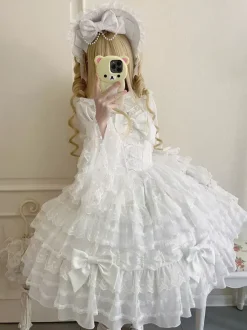 Robe Sweet Lolita blanche sans manches en dentelle à volants JSK Hime Lolita