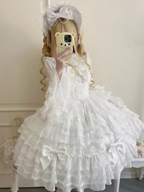 Robe Sweet Lolita blanche sans manches en dentelle à volants JSK Hime Lolita