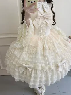Robe Sweet Lolita blanche sans manches en dentelle à volants JSK Hime Lolita