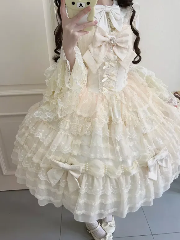 Robe Sweet Lolita blanche sans manches en dentelle à volants JSK Hime Lolita