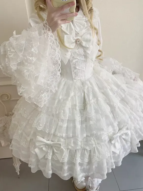 Robe Sweet Lolita blanche sans manches en dentelle à volants JSK Hime Lolita