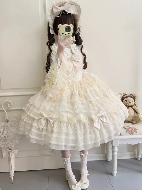 Robe Sweet Lolita blanche sans manches en dentelle à volants JSK Hime Lolita
