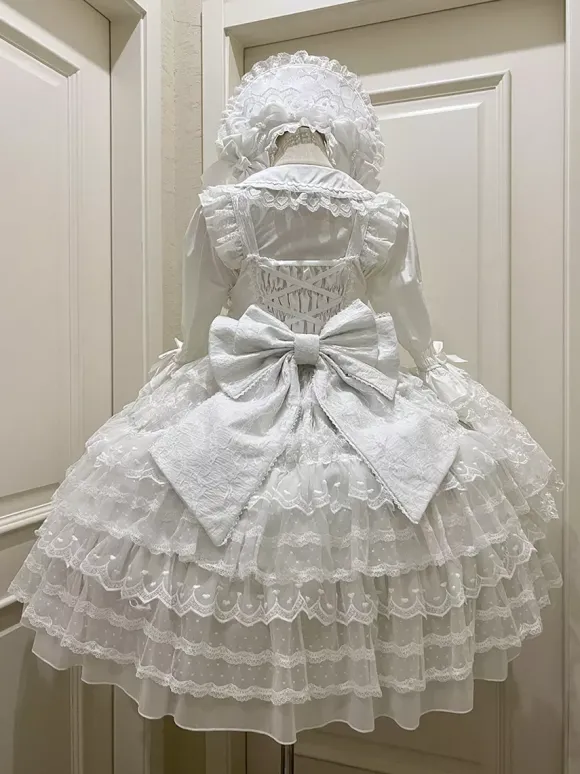 Robe Sweet Lolita blanche sans manches en dentelle à volants JSK Hime Lolita