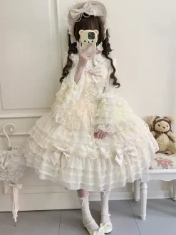 Robe Sweet Lolita blanche sans manches en dentelle à volants JSK Hime Lolita