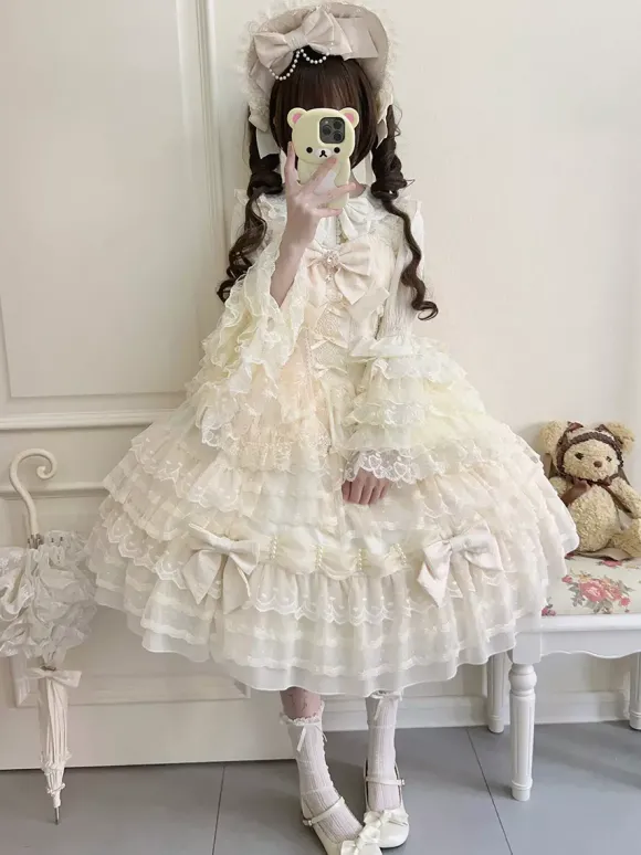 Robe Sweet Lolita blanche sans manches en dentelle à volants JSK Hime Lolita