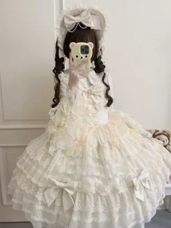 Robe Sweet Lolita blanche sans manches en dentelle à volants JSK Hime Lolita