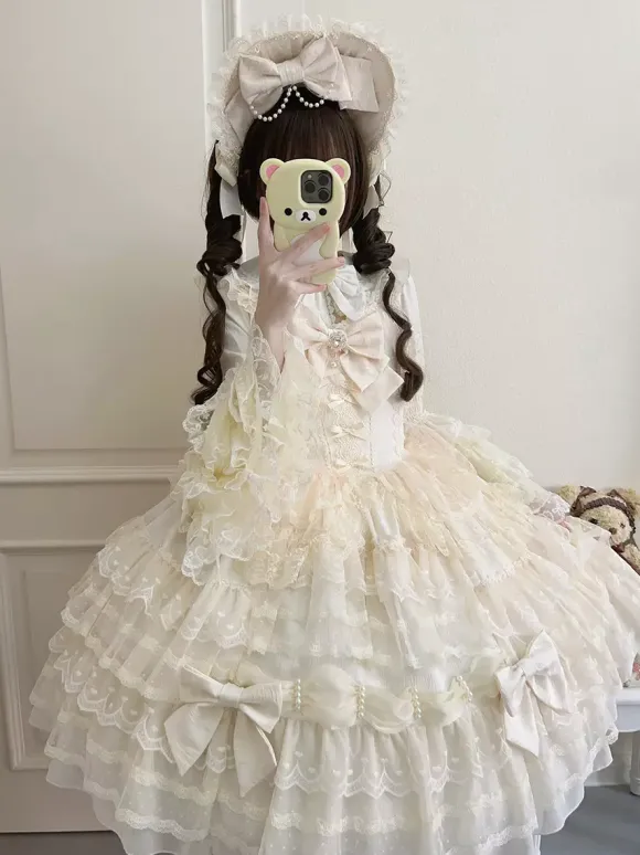 Robe Sweet Lolita blanche sans manches en dentelle à volants JSK Hime Lolita