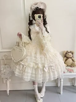 Robe Sweet Lolita blanche sans manches en dentelle à volants JSK Hime Lolita