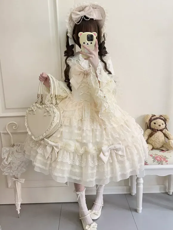 Robe Sweet Lolita blanche sans manches en dentelle à volants JSK Hime Lolita
