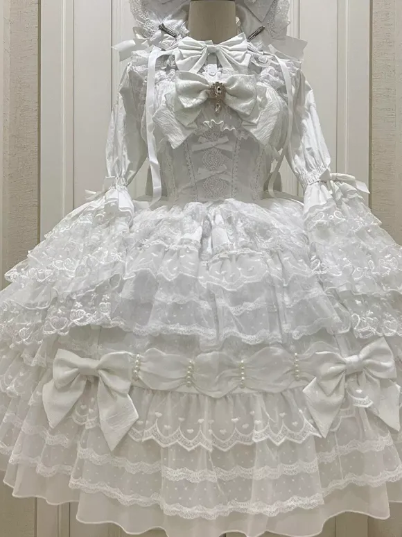 Robe Sweet Lolita blanche sans manches en dentelle à volants JSK Hime Lolita