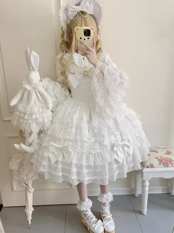Robe Sweet Lolita blanche sans manches en dentelle à volants JSK Hime Lolita