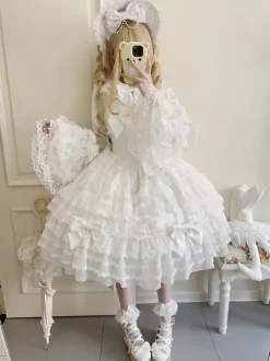 Robe Sweet Lolita blanche sans manches en dentelle à volants JSK Hime Lolita