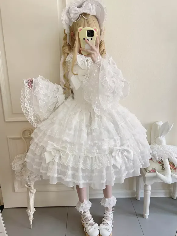 Robe Sweet Lolita blanche sans manches en dentelle à volants JSK Hime Lolita