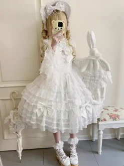 Robe Sweet Lolita blanche sans manches en dentelle à volants JSK Hime Lolita