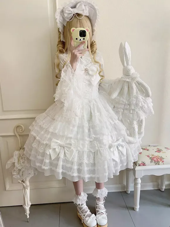 Robe Sweet Lolita blanche sans manches en dentelle à volants JSK Hime Lolita