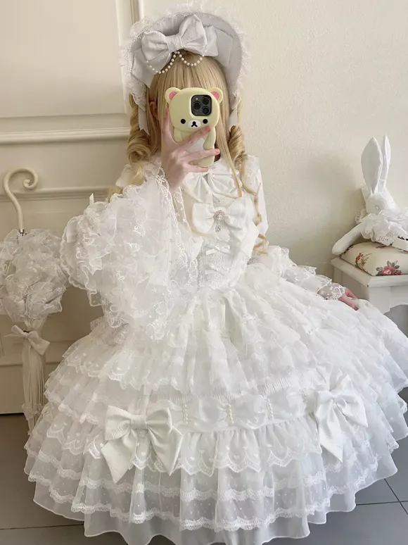 Robe Sweet Lolita blanche sans manches en dentelle à volants JSK Hime Lolita