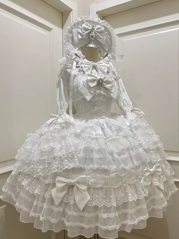 Robe Sweet Lolita blanche sans manches en dentelle à volants JSK Hime Lolita