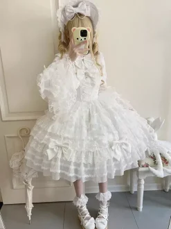 Robe Sweet Lolita blanche sans manches en dentelle à volants JSK Hime Lolita