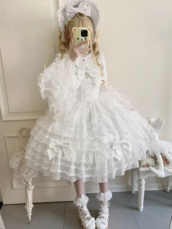 Robe Sweet Lolita blanche sans manches en dentelle à volants JSK Hime Lolita