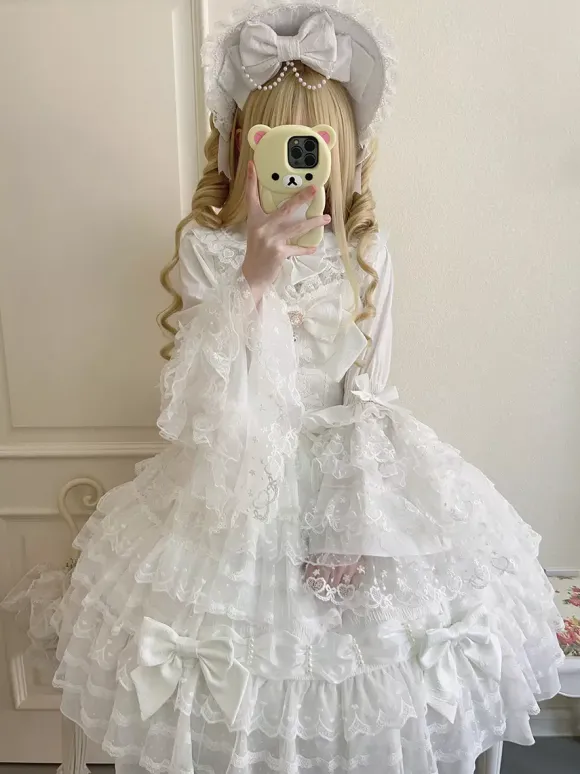 Robe Sweet Lolita blanche sans manches en dentelle à volants JSK Hime Lolita
