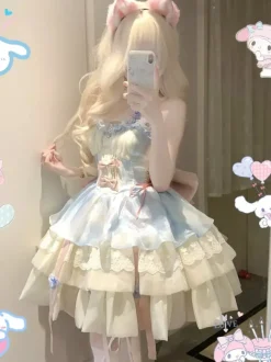 Robe Sweet Lolita bleu ciel clair sans manches robe de soirée thé avec n艙uds et traîne polyester mode kawaii