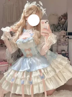 Robe Sweet Lolita bleu ciel clair sans manches robe de soirée thé avec n艙uds et traîne polyester mode kawaii