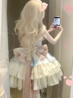 Robe Sweet Lolita bleu ciel clair sans manches robe de soirée thé avec n艙uds et traîne polyester mode kawaii