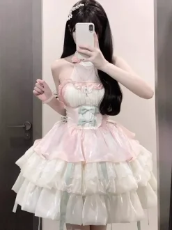 Robe Sweet Lolita bleu ciel clair sans manches robe de soirée thé avec n艙uds et traîne polyester mode kawaii