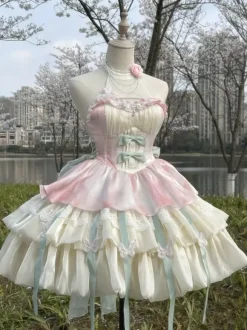 Robe Sweet Lolita bleu ciel clair sans manches robe de soirée thé avec n艙uds et traîne polyester mode kawaii