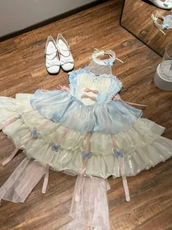 Robe Sweet Lolita bleu ciel clair sans manches robe de soirée thé avec n艙uds et traîne polyester mode kawaii