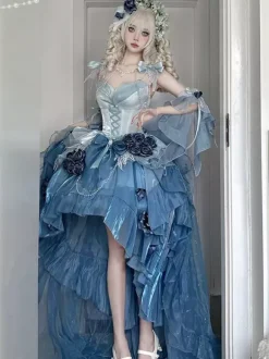 Robe Sweet Lolita brodée avec n艙ud papillon et lacets coupe haute et basse sans manches en maille violette