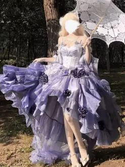 Robe Sweet Lolita brodée avec n艙ud papillon et lacets coupe haute et basse sans manches en maille violette
