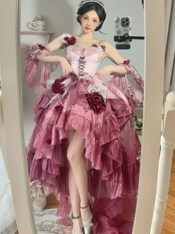 Robe Sweet Lolita brodée avec n艙ud papillon et lacets coupe haute et basse sans manches en maille violette
