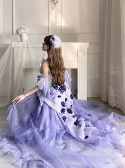 Robe Sweet Lolita brodée avec n艙ud papillon et lacets coupe haute et basse sans manches en maille violette