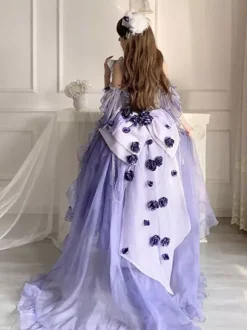 Robe Sweet Lolita brodée avec n艙ud papillon et lacets coupe haute et basse sans manches en maille violette
