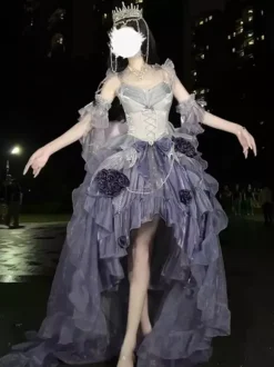 Robe Sweet Lolita brodée avec n艙ud papillon et lacets coupe haute et basse sans manches en maille violette
