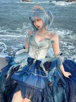 Robe Sweet Lolita brodée avec n艙ud papillon et lacets coupe haute et basse sans manches en maille violette