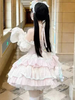 Robe Sweet Lolita en polyester sans manches volants multicouches n艙ud papillon Sweet Ballet Lolita JSK