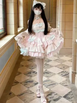 Robe Sweet Lolita en polyester sans manches volants multicouches n艙ud papillon Sweet Ballet Lolita JSK
