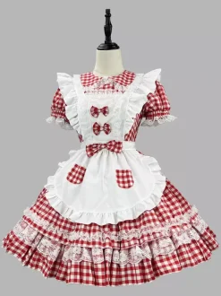 Robe Sweet Lolita en polyester manches courtes tablier en dentelle robe Sweet Lolita rouge