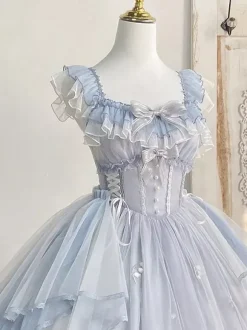 Robe Sweet Lolita JSK bleu ciel clair à volants n艙uds et broderies sans manches