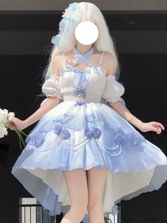 Robe Sweet Lolita JSK à fleurs et n艙uds col halter ourlet découpé sur le devant et traîne