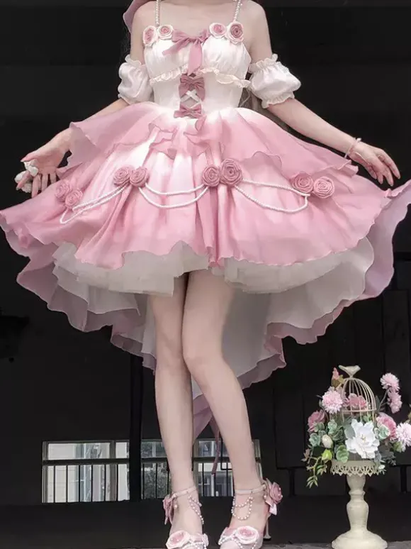 Robe Sweet Lolita JSK à fleurs et n艙uds col halter ourlet découpé sur le devant et traîne