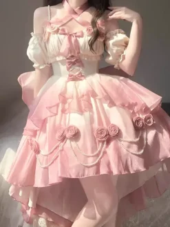 Robe Sweet Lolita JSK à fleurs et n艙uds col halter ourlet découpé sur le devant et traîne