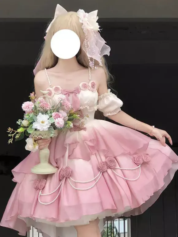 Robe Sweet Lolita JSK à fleurs et n艙uds col halter ourlet découpé sur le devant et traîne
